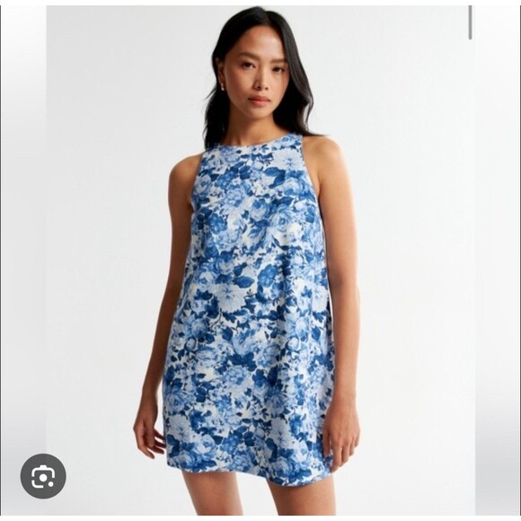 Abercrombie Mini Linen Dress White Blue Floral Size Small - Picture 1 of 9